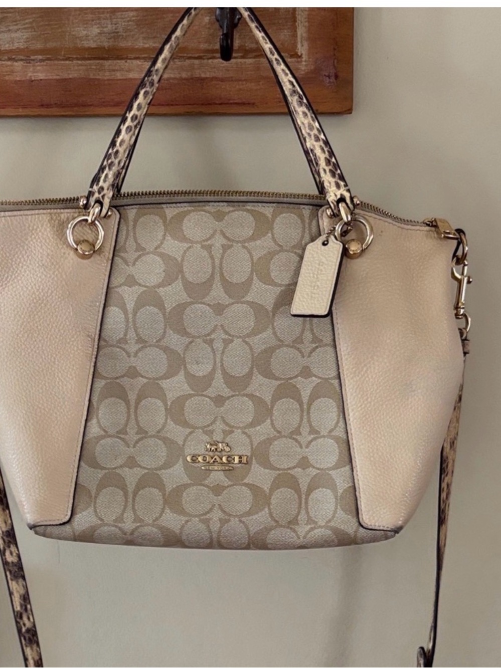 Coach Beige Signature Satchel with Snake-Print Trim